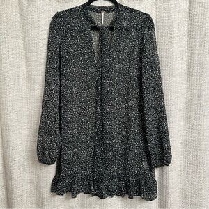 Free People Boho Flowy Long Sleeve Tunic Tie Neck Dress Black Floral Rose XS